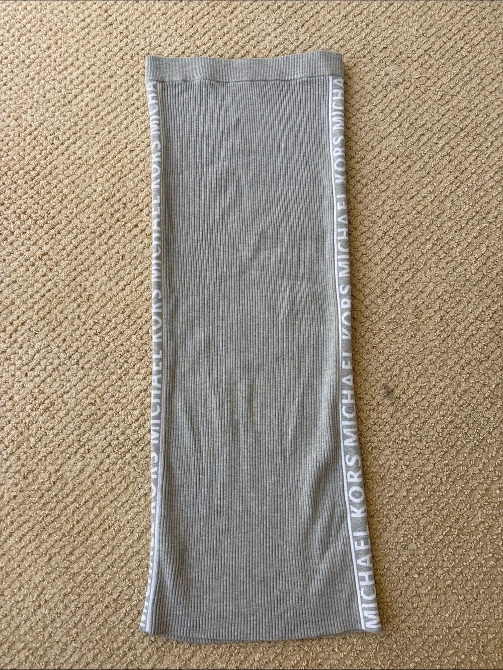 Michael Kors Light Gray Ribbed Knit Midi Skirt with White Logo Side Trim XS